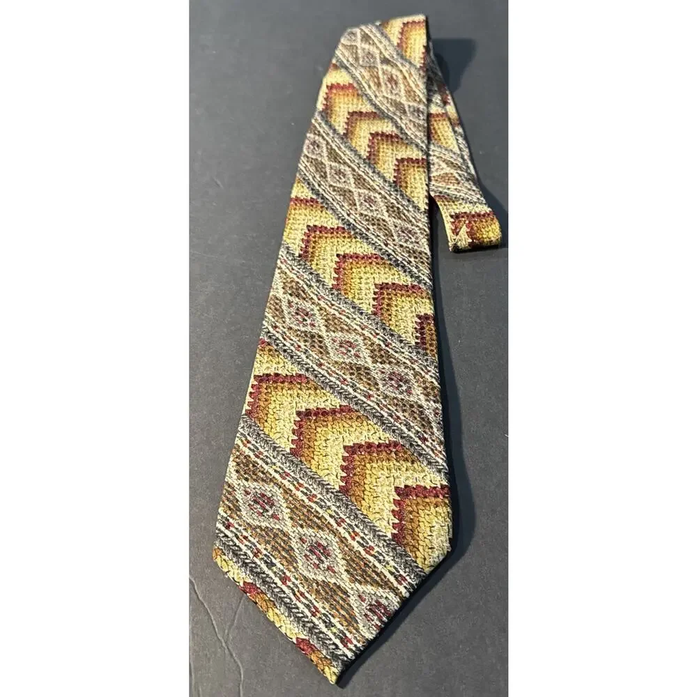 Kent Shop 100% Silk Necktie 4” Wide Retro Handmade Brown Gray Cream Gold‎
